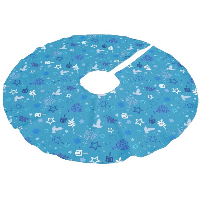 Hanukkah Stars Tree Skirt Leinenimitat Weihnachtsbaumdecke (Schrägansicht)