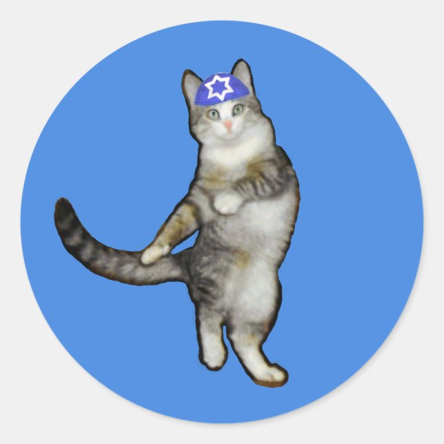Hanukkah Stickers mit tanzender Kitty Cat in Kippa (Vorderseite)