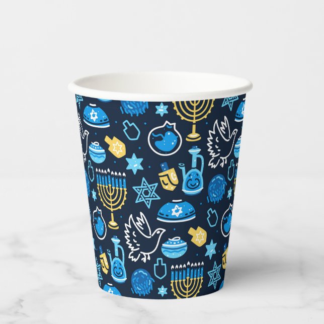 Hanukkah Symbole Blaues Muster Pappbecher (Vorderseite)