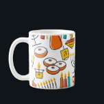 Hanukkah Symbole: jüdisches Urlaubsmuster. Kaffeetasse<br><div class="desc">Hanukkah nahtloses Muster. Jüdisches Holiday Hanukkah Symbol. Menorah (Candlestick), Kerzen, Donuts (sufganiyan), Geschenke, dreiel, Münzen, Öl. Happy Hannukah auf Hebräisch. Vintage Abbildung Hanukkah Symbole in einem schönen Vintagen Muster. Hanukkah Symbole in einer Vintagen Abbildung. hanukkah, chanukka, hanukka, muster, hannukah, hanuka, chanuka, Hintergrund, Donut, weiß, Illustration, nahtlos, Papier, Textur, chanukkah, Licht,...</div>