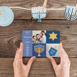Hanukkah Symbos Quilt Foto Card Feiertagskarte<br><div class="desc">In Menorah hat Star of David and Dreidel with a quilt look wish friends and family Eight Magical Days on this charming Foto Card. Reverse side has a blue quilted look. Customize with your Family's Foto and Names for a truly personal Hanukkah greeting!</div>