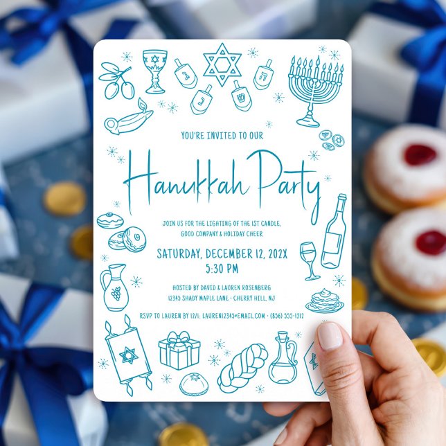Hanukkah Teal Hand Drawn Doodles Whimsical Party Einladung (Von Creator hochgeladen)