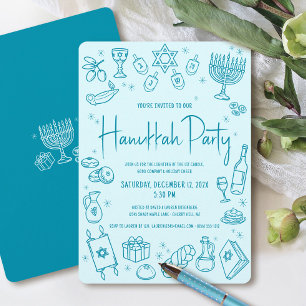 Hanukkah Türkis Handgezeichnet Lustige Whimsical P Einladung