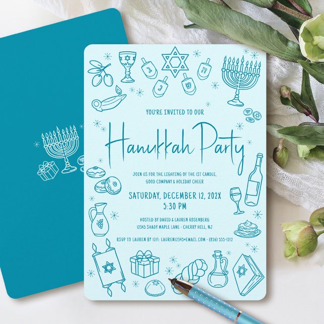 Hanukkah Turquoise Hand Drawn Fun Whimsical Party Einladung (Von Creator hochgeladen)
