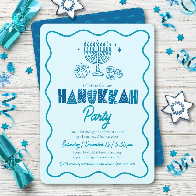 Hanukkah Turquoise Typography Playful Doodle Party Einladung (Von Creator hochgeladen)