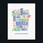 Hanukkah Words Holiday Postcard Feiertagspostkarte<br><div class="desc">Personalisieren Sie den benutzerdefinierten Text oben. Weitere Koordinierungsaufgaben finden Sie in unserer Sammlung "Hanukkah Words Holiday".</div>
