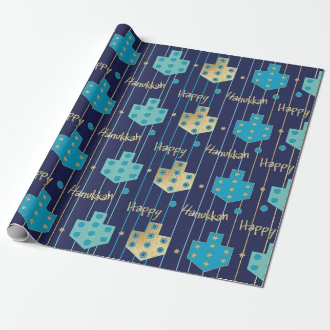 Hanukkah Wrapping Paper Blue/Gold Dreidel Geschenkpapier (Ungerollt)