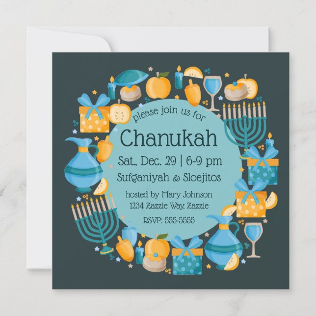 Hanukkah Wreath Blue Party Einladung (Vorderseite)