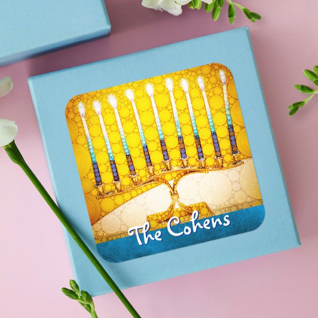 Hanukkah Yellow Gold Menorah Aquamarin Blue Indivi Quadratischer Aufkleber (Von Creator hochgeladen)