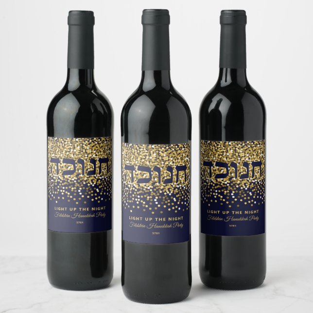 Hanukkah zündet den Nachtgolden/Navy-Glitzer an Weinetikett (Flaschen)