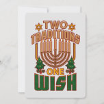 Hanukkah zwei Traditionen One Wish Christmukkah Feiertagskarte<br><div class="desc">Hanukkah wünscht sich mit dieser coolen und niedlichen Zwei Traditionen One Wish Karte mit dem Stern von David,  Weihnachtsbäumen und einer Menorah. Passen Sie die Nachricht auf der Rückseite an,  indem Sie auf den Link "Personalisieren" oben klicken</div>