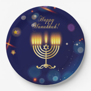 Hanukkiah Frohes Chanukka Jüdische Goldene Menora Pappteller