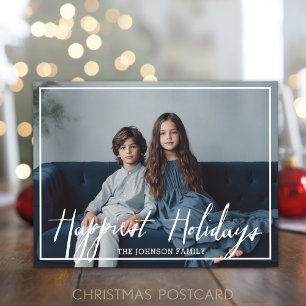Happest Holidays Modern Full Foto - White Script Feiertagspostkarte