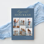 Happiest Hanukkah Elegante 6 Foto Collage Folien Feiertagskarte<br><div class="desc">Freuen Sie sich auf diese modernen Hanukkah-Urlaubskarten,  die 6 Ihrer beliebtesten Fotos in einer Gitterkollektion enthalten. "Happiest Hanukkah" erscheint oben in der Goldfolie handschrift mit Kalligraphie und klassischen Serifenschriften auf einem staubigen,  schieferblauen Hintergrund. Personalisieren Sie mit Ihrem Familiennamen und dem Jahr unten rechts.</div>