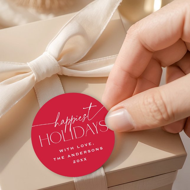 Happiest Holidays Elegant Red Christmas Gift Runder Aufkleber (Von Creator hochgeladen)