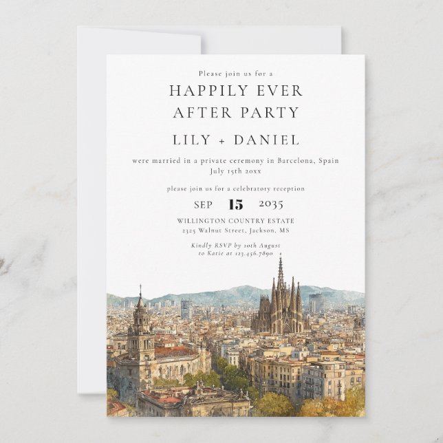Happily Ever After Barcelona Wedding Einladung (Vorderseite)