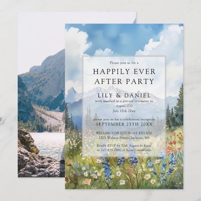 Happily Ever After Floral Mountain Wedding Photo Einladung (Vorne/Hinten)