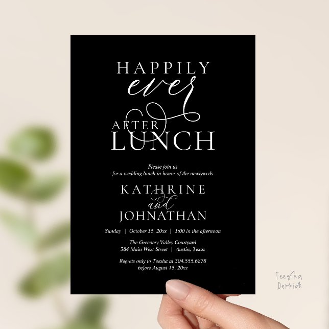 Happily Ever After Lunch Post Wedding Elopement Einladung (Happily Ever After Lunch Post Wedding Elopement Invitation card, luncheon love laughter  black white)