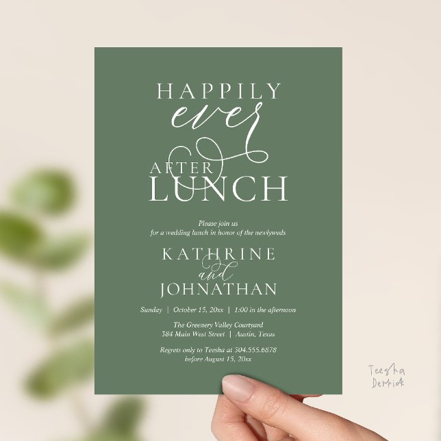 Happily Ever After Lunch Post Wedding Elopement Einladung (Happily Ever After Lunch Post Wedding Elopement Invitation card, love laughter in sage green)