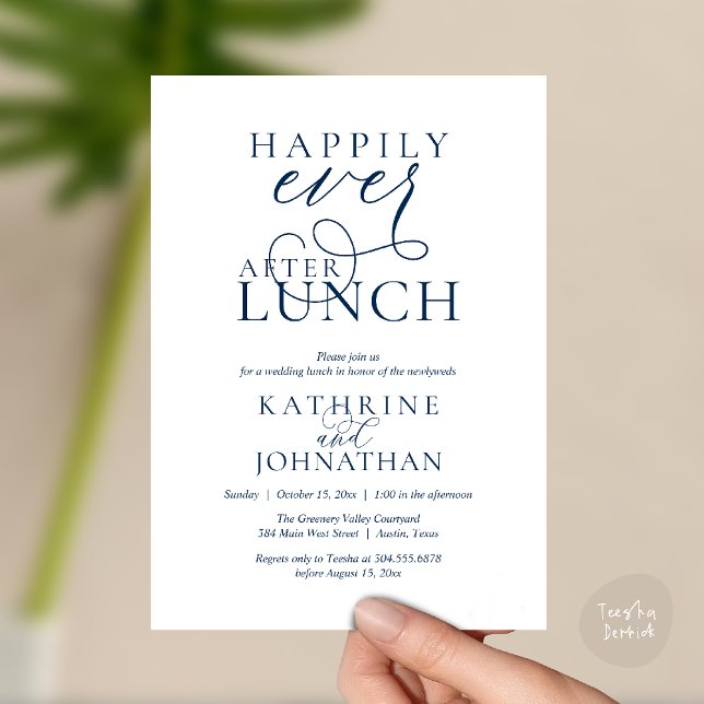 Happily Ever After Lunch Post Wedding Elopement Einladung (Happily Ever After Lunch Post Wedding Elopement Invitation card, luncheon love laughter  navy blue)
