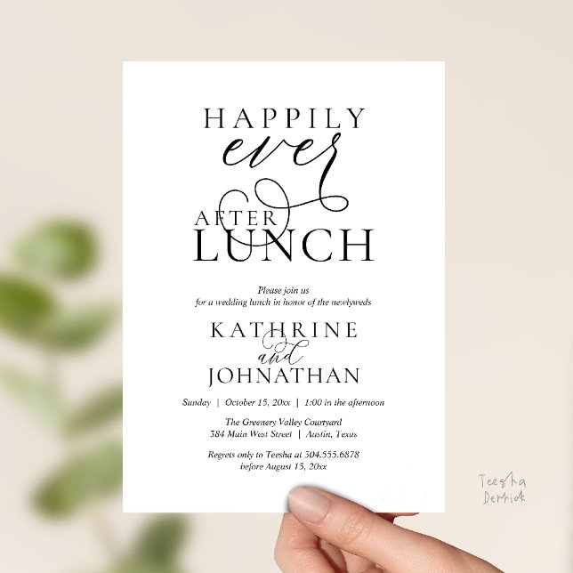 Happily Ever After Lunch Post Wedding Elopement Einladung (Happily Ever After, Modern Wedding Reception Lunch Invitation Card in Black and White)