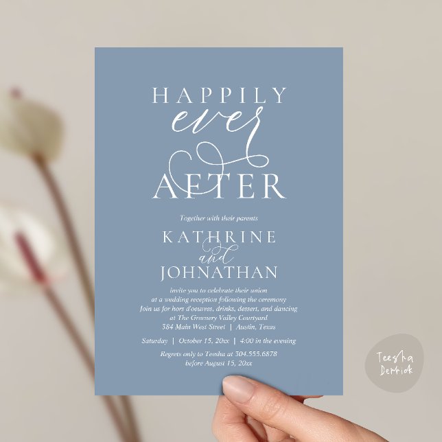 Happily Ever After, Modern Wedding Reception Einladung (Happily Ever After, Modern Wedding Reception hors d'oeuvres Drinks Dancing Invites Card Dusty Blue)