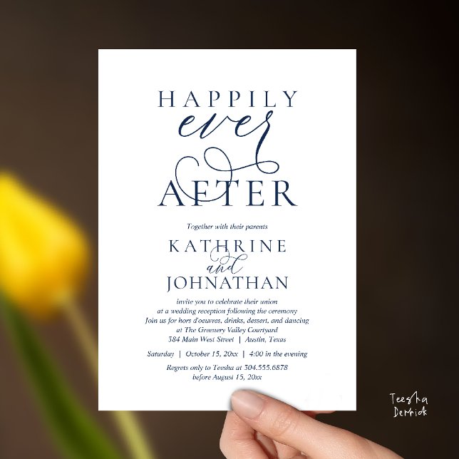 Happily Ever After, Modern Wedding Reception Einladung (Happily Ever After, Modern Wedding Reception Drinks Dessert Dancing Invitation Card in Navy Blue)