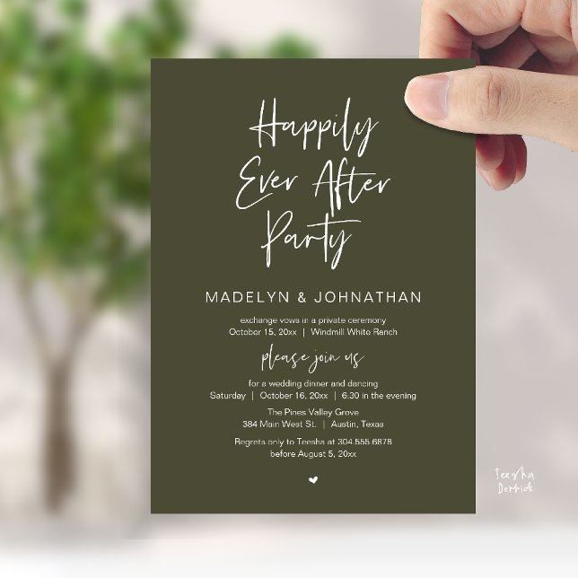 Happily Ever After Party, Modern Wedding Dinner Einladung (Happily Ever After Party, Modern Wedding Reception Dinner Invitation card in olive green)