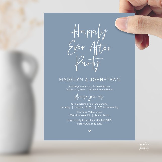 Happily Ever After Party, Modern Wedding Dinner Einladung (Happily Ever After Party, Modern Wedding Reception Dinner Invitation card in dusty blue)