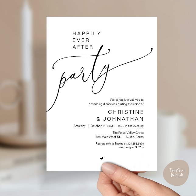 "Happily Ever After Party" Modern Wedding Dinner Einladung ("Happily Ever After Party" Modern Wedding Dinner reception Invitation card in black white)