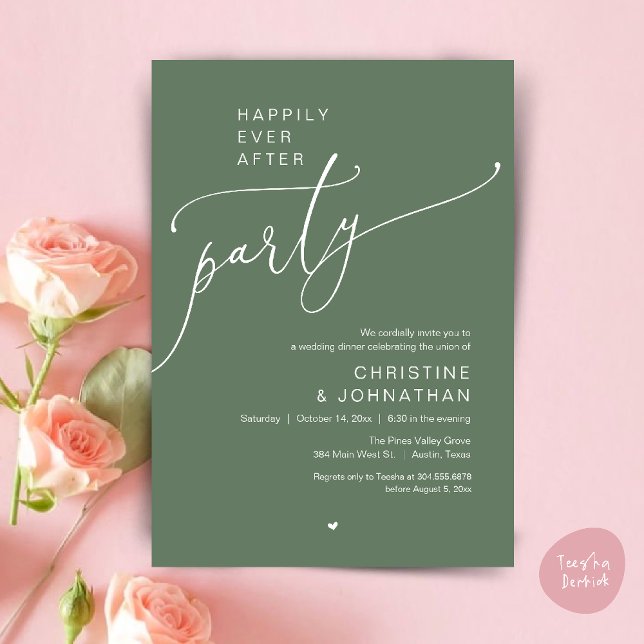 "Happily Ever After Party" Modern Wedding Dinner Einladung ("Happily Ever After Party" Modern Wedding Dinner reception Invitation card in sage green)
