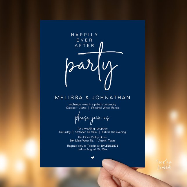 Happily Ever After Party, Modern Wedding Reception Einladung (Happily Ever After Party, Modern Wedding Reception Dinner Invitation Card in Navy Blue)