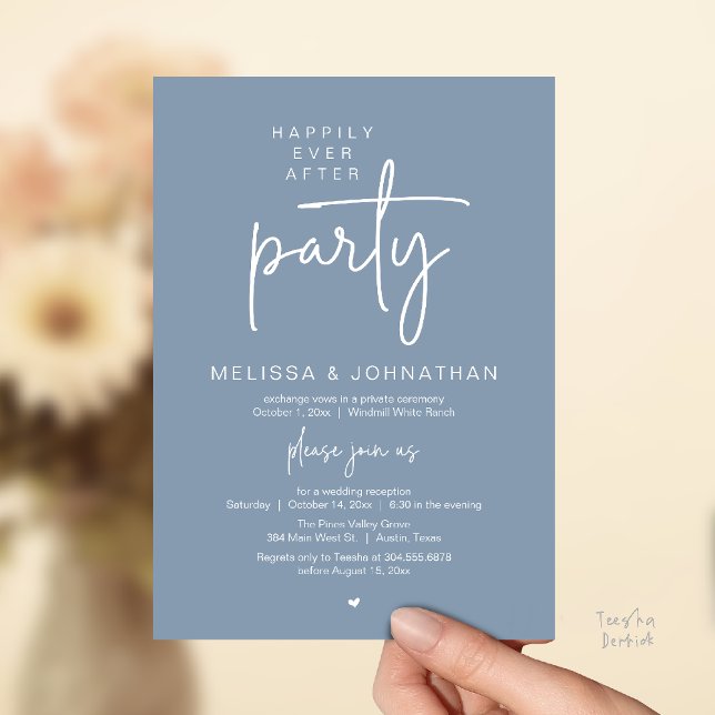 Happily Ever After Party, Modern Wedding Reception Einladung (Happily Ever After Party, Modern Wedding Reception Dinner Invitation Card in Dusty Blue)