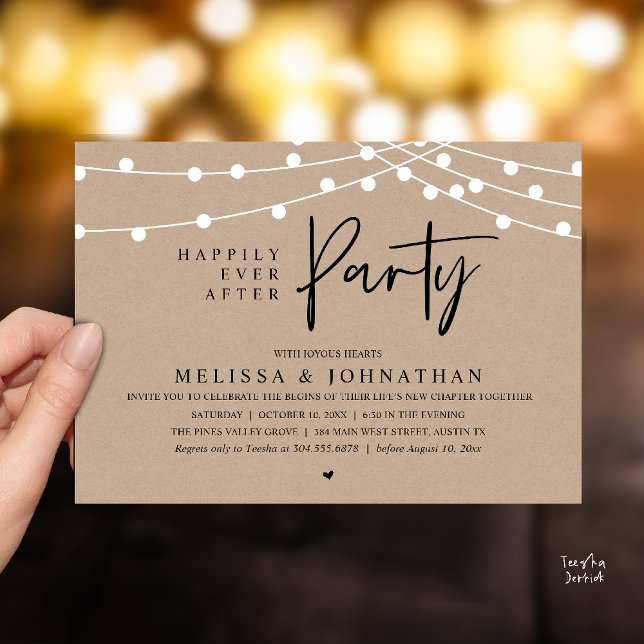 Happily Ever After Party, Rustic String Lights Einladung (Happily Ever After Party, Rustic Wedding String Lights Invitation card, Reception Dinner Dancing)