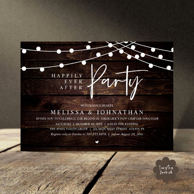 Happily Ever After Party, Rustic String Lights Einladung (Happily Ever After Party, Rustic Wedding String Lights Invitation card, Reception brown wood)