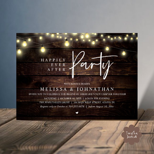 Happily Ever After Party, Rustic String Lights Einladung (Happily Ever After Party, Rustic Wedding String Lights Invitation card, Reception Brown Wood )