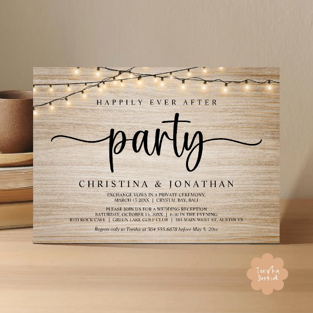 Happily Ever After Party, Rustic String Lights Wed Einladung (Happily Ever After Party, Rustic String Lights Wed Invitation Card, Dark Brown Wood Background)