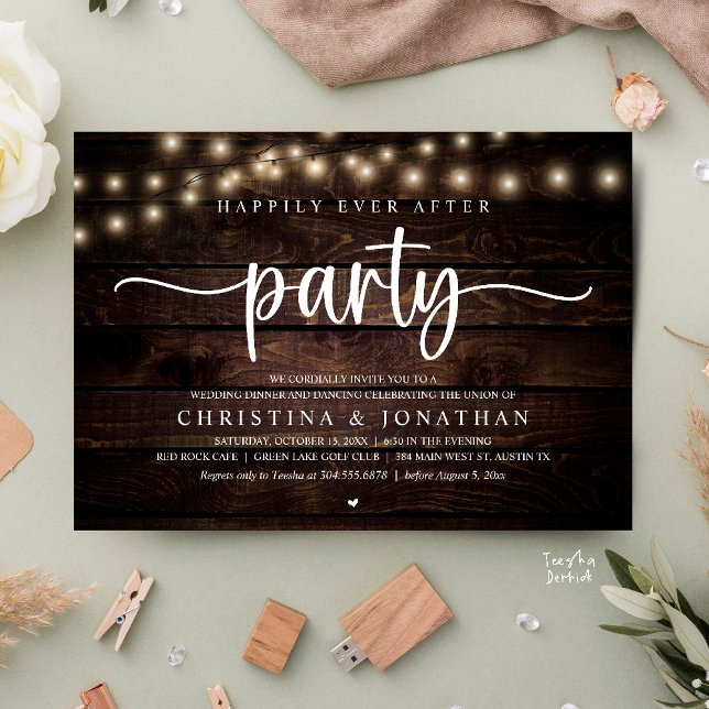 Happily Ever After Party, Rustic Wedding Dinner Einladung (Happily Ever After Party, Rustic Wedding Dinner Invitation Card,  cottage string lights, brown wood)