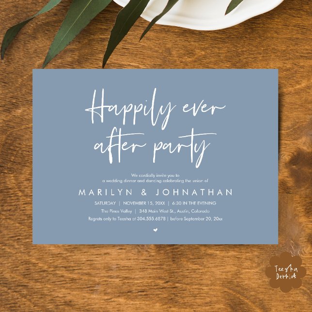 Happily Ever After Party, Wedding Dinner Dancing Einladung (Happily Ever After Party, Wedding Dinner Dancing Invitation Card in Dusty Blue)