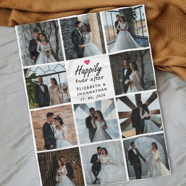 Happily Ever After Script Photo Collage Pink Heart Fleecedecke (Von Creator hochgeladen)