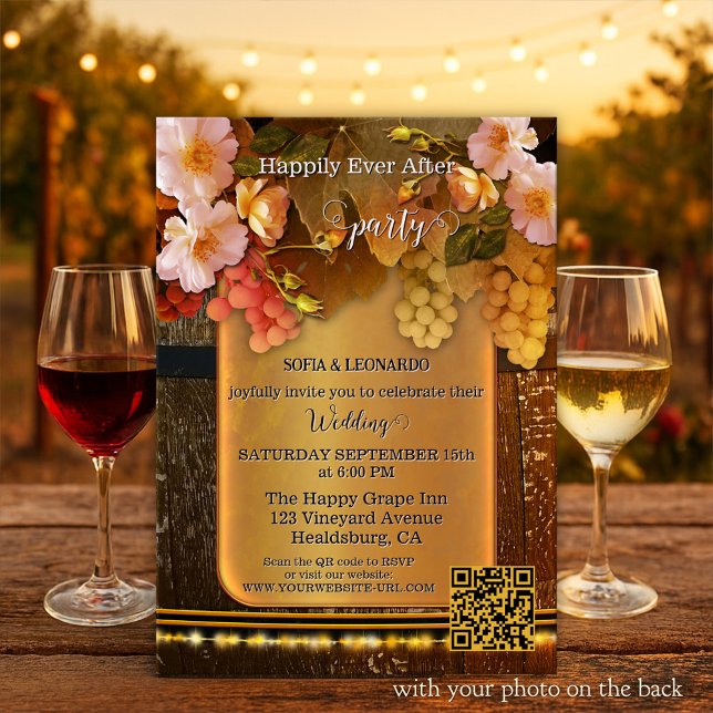 Happily Ever After Vineyard Wedding Einladung (Happily ever after wedding invitation featuring grapes, flowers and string lights on a wine barrel)