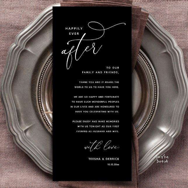 Happily Ever After Wedding Dinner Thank You Card Programm (Welcome and Thanks, Happily Ever After Modern Wedding Dinner Thank You Card in Classy Black White)