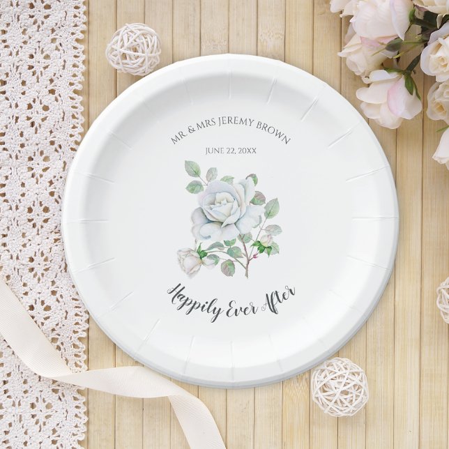 Happily Ever After White Rose Wedding Paper Plates Pappteller (Von Creator hochgeladen)