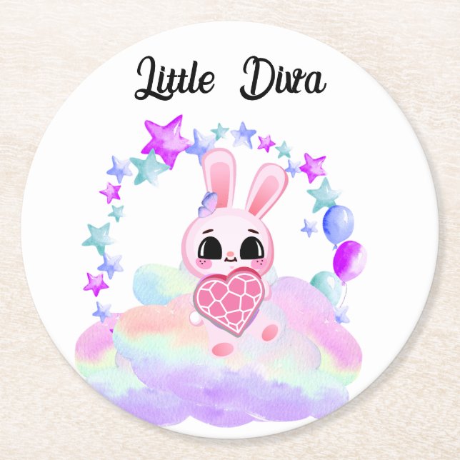 Happiness magic sweet bunny in the rainbow runder pappuntersetzer (Vorderseite)