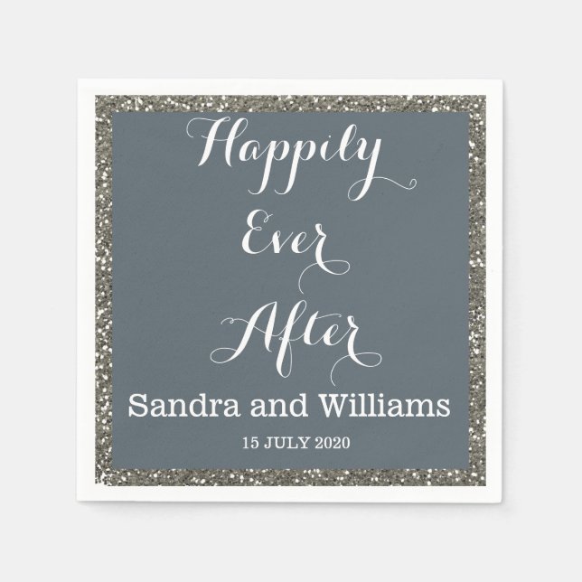 "Happiy Ever After"-Silver-Glitzer Personalisiert Serviette (Vorderseite)