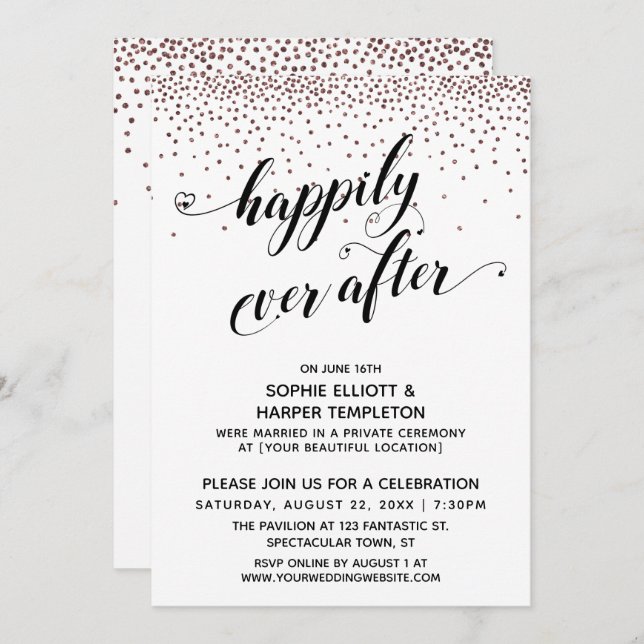 Happiy Ever immer Hört Script-Rose Gold Confetti Einladung (Vorne/Hinten)