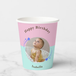 Happppy Birthday Shooting Star Pink Green Paper Cu Pappbecher