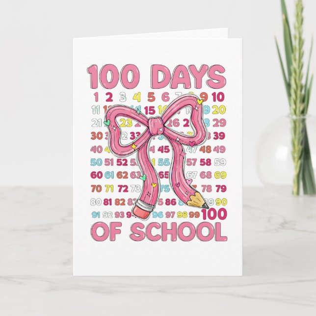 Happy 100 Days of School Pink Bow Karte (Vorderseite)