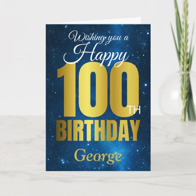 Happy 100. Geburtstag Blue Gold Karte (Vorderseite)