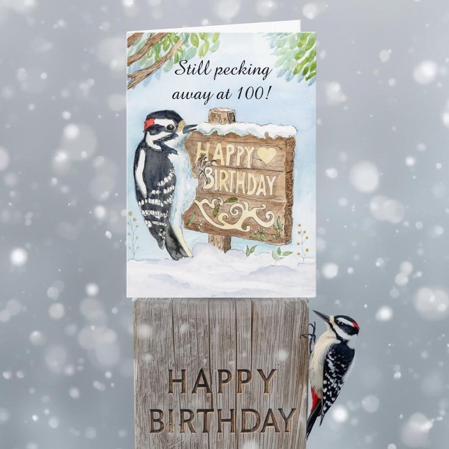 Happy 100th Birthday Downy Woodpecker Karte (Von Creator hochgeladen)